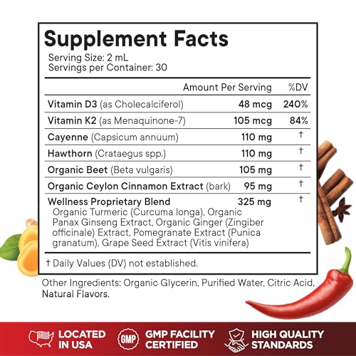 Cayenne Pepper Supplement Liquid Drops + Hawthorn Berry, Vitamin D3 K2 Beet Root Powder, Ceylon Cinnamon, Turmeric Curc
